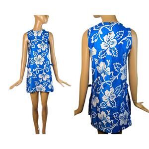 Royal Hawaiian vintage 1960s blue mini dress retro tiki‎ style mod dress Luau